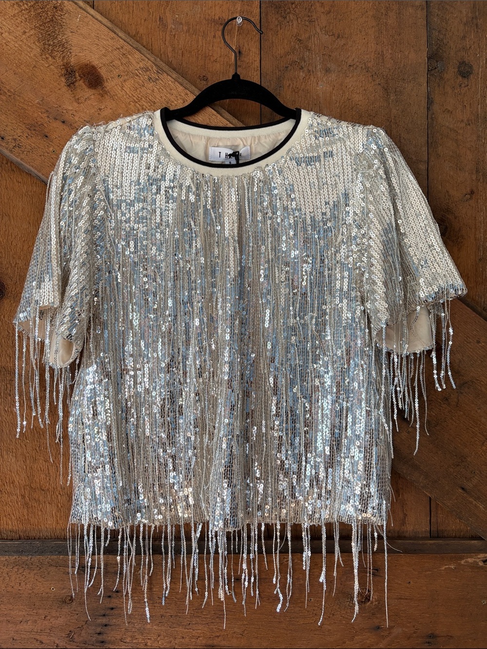 THML Silver Sequin Fringe Short Sleeve Top